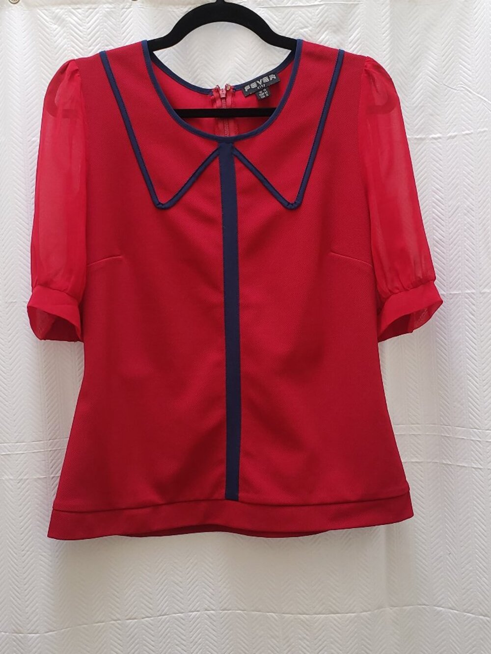 Red Blouse with short sheer Sleeves and Navy blue trim collar Women's size 10